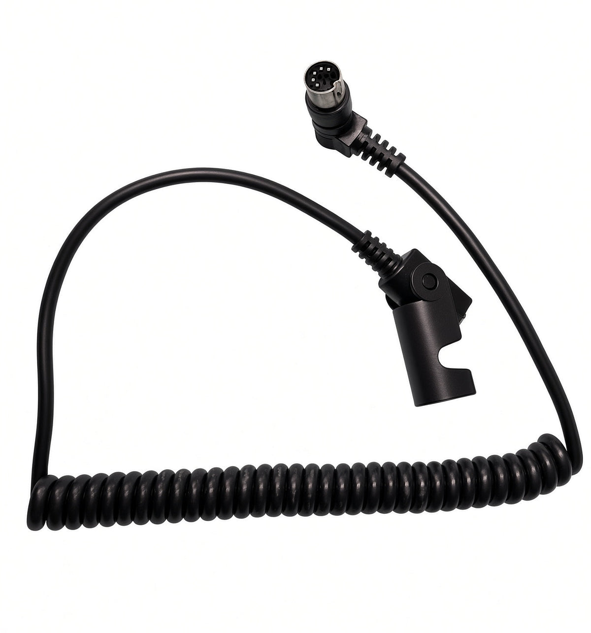 A black coiled cable with a multi-pin electrical connector on one end and a mounting clip on the other, shown on a plain white background.
