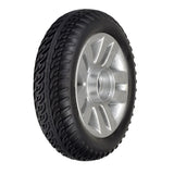 8 x 2 Flat-Free Rear Wheel Assembly with Black Tire for the ActiveCare Spitfire 1310 & 1410, featuring a close-up of a silver rim and black tire with tread.