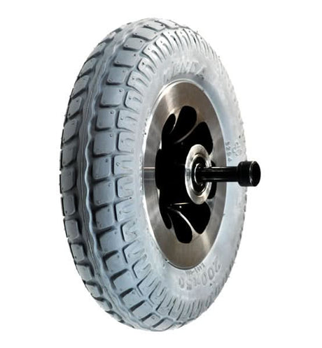 8x2 Flat Free Front Caster Wheel Assembly with Axle and Hardware for the Invacare Zoom HMV 220 Scooter featuring a close-up of the metal rim, flat free tire, hub, bearings, and axle components.
