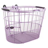 Wire Lift-Off Basket with Oval Mesh Bottom, featuring sturdy black handles. Ideal for cyclists or scooter riders, this powder-coated steel mesh basket offers convenience and versatility for carrying essentials.