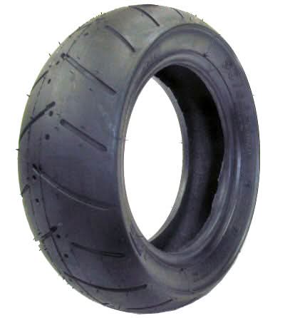 90/65-6.5 Treaded Tire featuring a thin tread pattern, close-up view showcasing detailed tread design and synthetic rubber material, ideal for automotive use.
