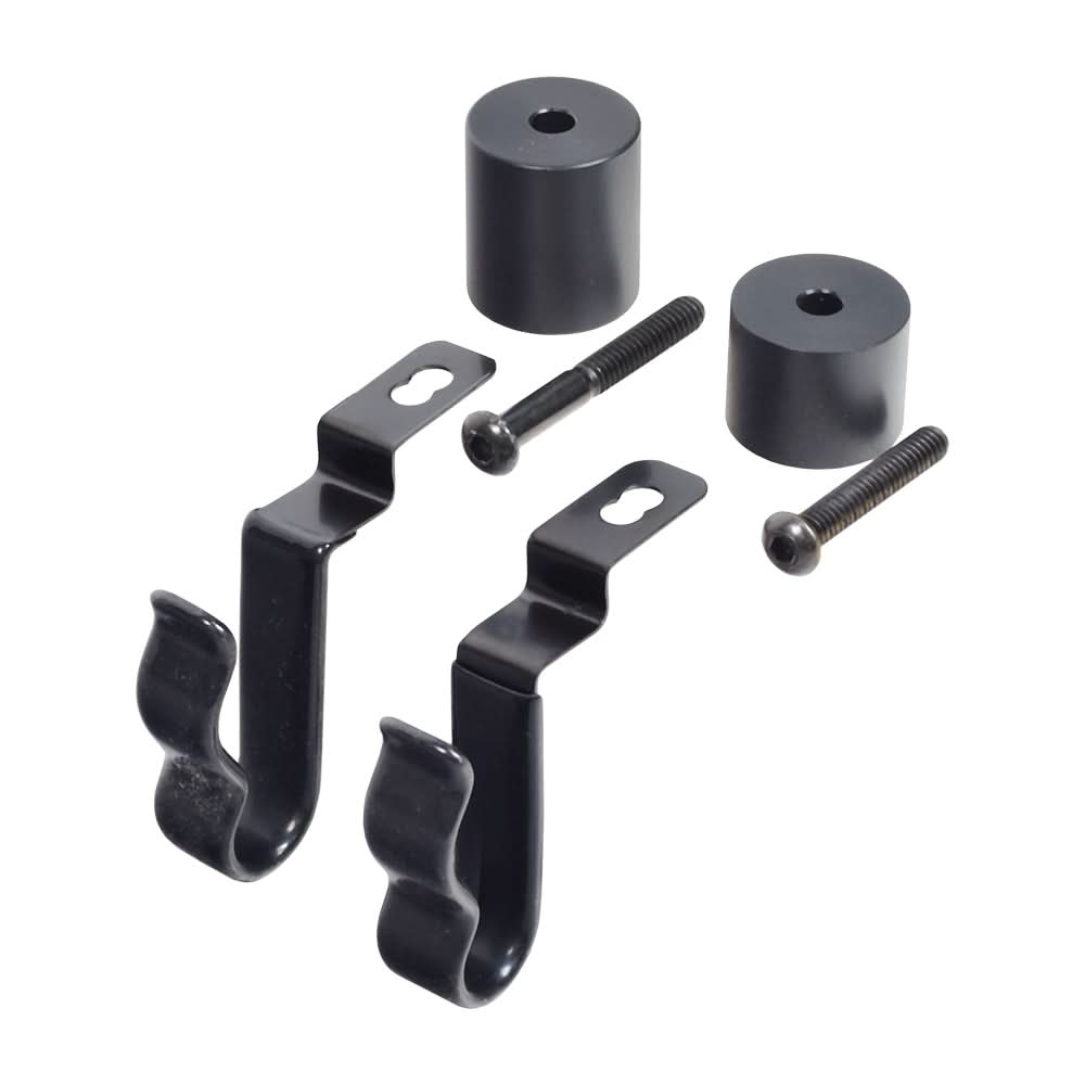 Armrest Cane Clips (ACCASMB1980 Style B) for Pride Mobility Scooters, showing a group of black metal hooks, screws, two clips, and two bolts for mounting under the armrest.