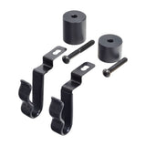 Armrest Cane Clips (ACCASMB1980 Style B) for Pride Mobility Scooters, showing a group of black metal hooks, screws, two clips, and two bolts for mounting under the armrest.