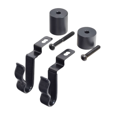 Armrest Cane Clips (ACCASMB1980 Style B) for Pride Mobility Scooters, showing a group of black metal hooks, screws, two clips, and two bolts for mounting under the armrest.