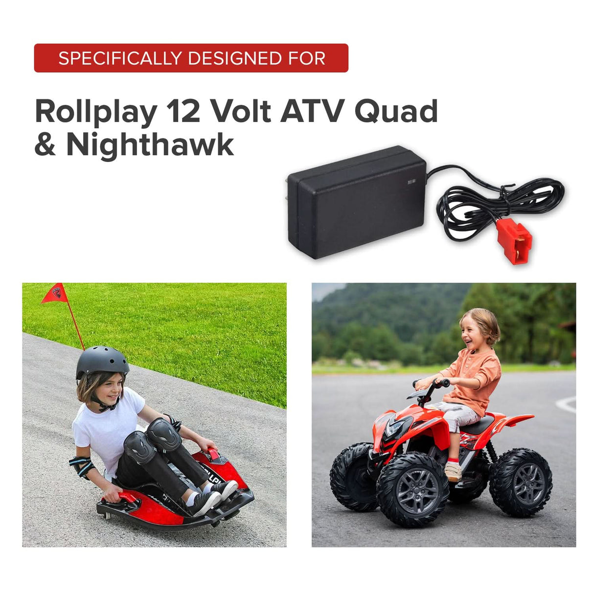 12 Volt 1.0 Amp Square End Battery Charger for Rollplay Nighthawk & ATV Quad Ride-On Toys