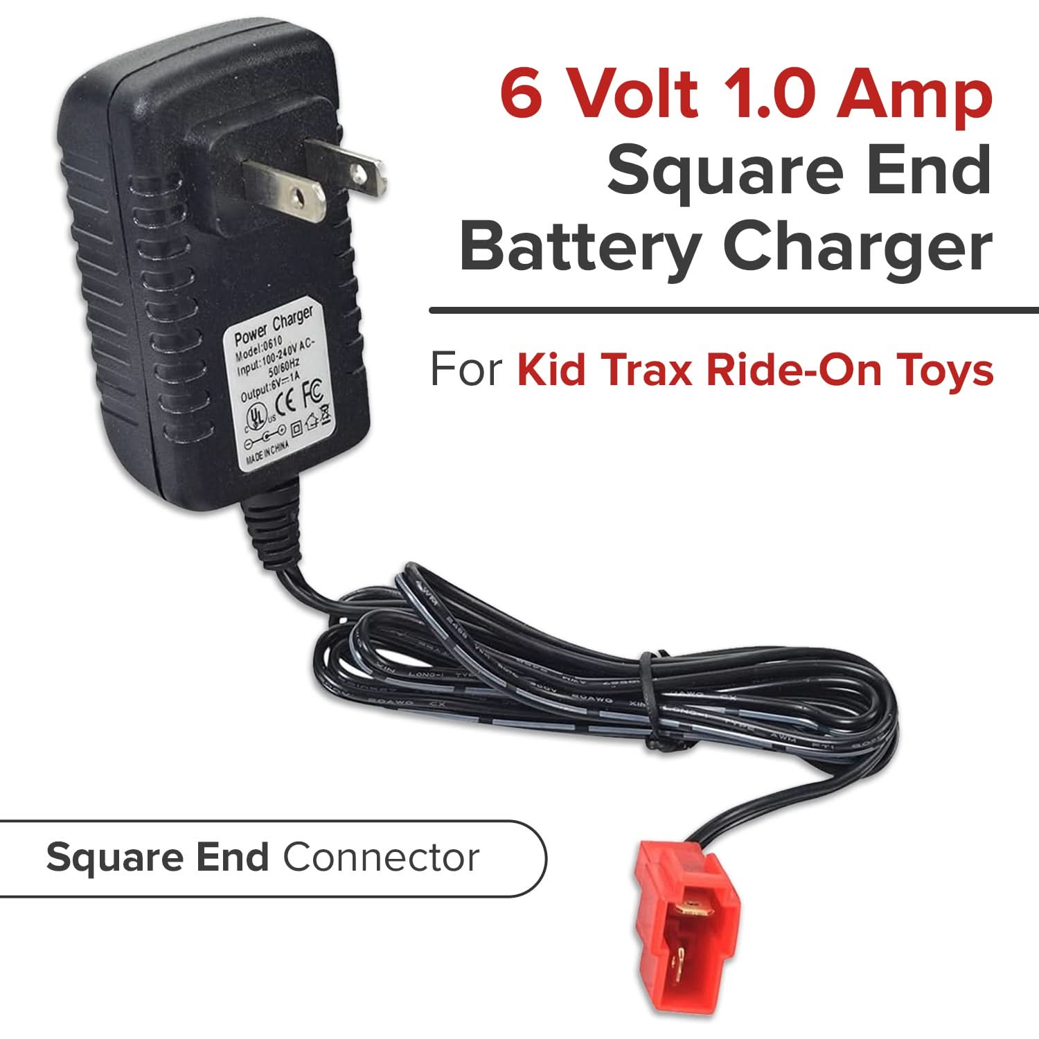 6 Volt 1.0 Amp Square End Battery Charger for Ride-On Toy ATVs, Cars, & Motorcycles