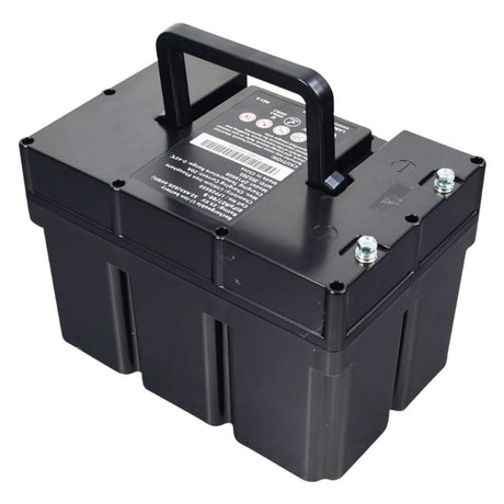 BAT2004389 - Jazzy EVO 613Li 25.6V 32.4Ah lithium battery pack with the carry handle raised, showing the terminal posts and black case.