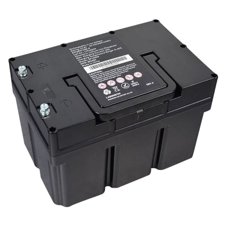 BAT2004389 - 25.6 Volt 32.4 Ah lithium (LiFePO4) battery for the Pride Jazzy EVO 613Li power chair, top view showing the label, carry handle, and terminals.