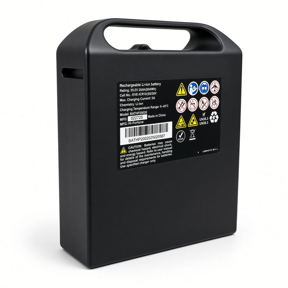 BATHP20020 Pride battery pack - A black rectangular rechargeable lithium-ion battery with a built-in handle and a white product information label.
