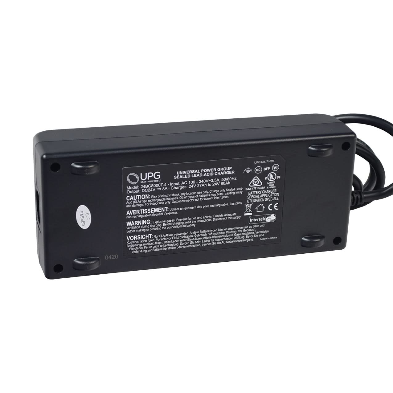 Underside view of the charger housing showing the UPG specification label