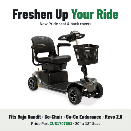 Infographic for seat covers for Pride Revo, Go Go Endurance, Baja Bandit.