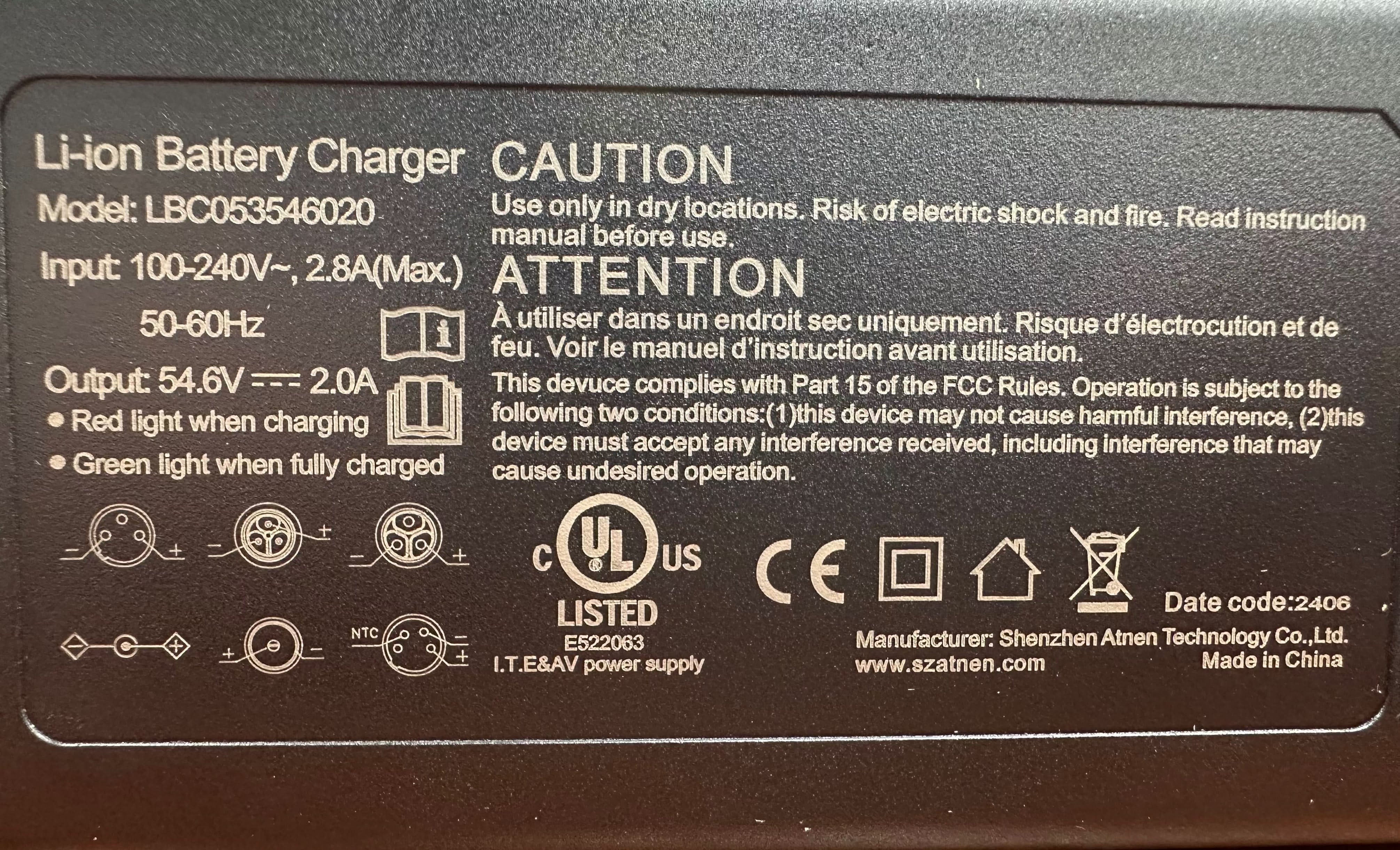 Charger for the Caroma P1 P5 P7 specifications label, 54 volts 2.0 amp output