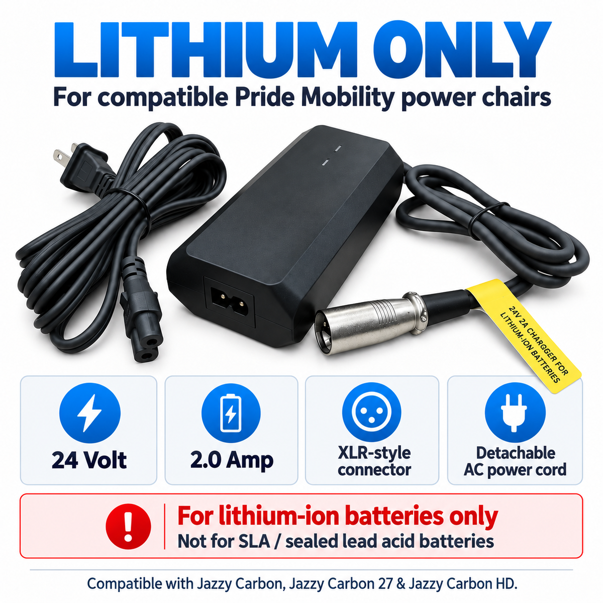 ELE2506208 - 24 Volt 2.0 Amp Lithium-Ion Charger for the Jazzy Carbon, Carbon 27, Carbon HD & Rascal Carbon Cruiser