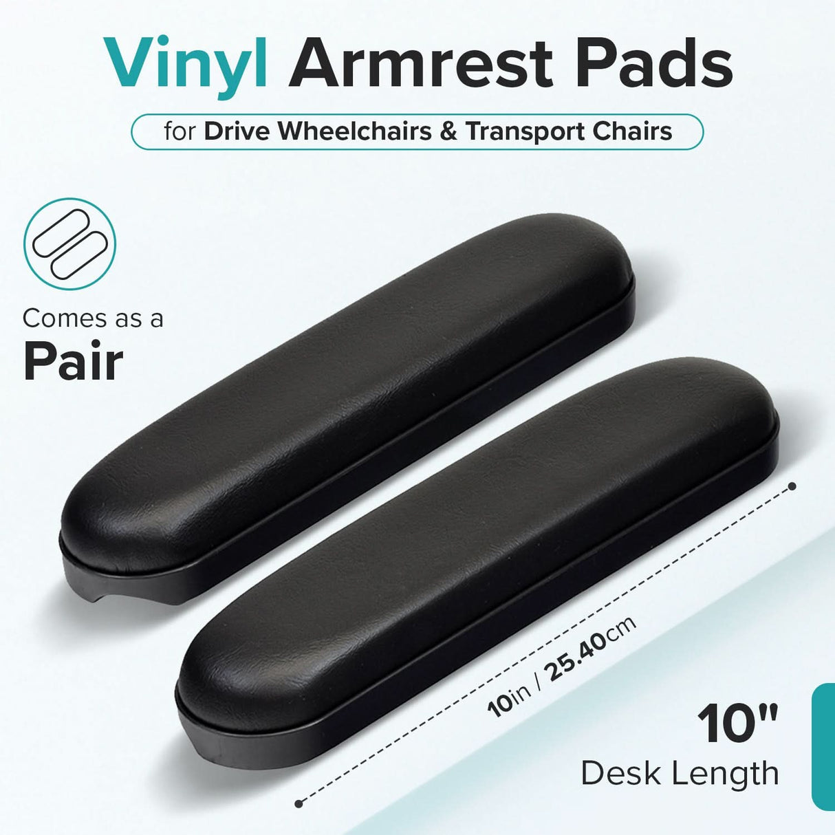 Black 10" Desk Length Padded Vinyl Armrest for Wheelchairs (Set of 2)