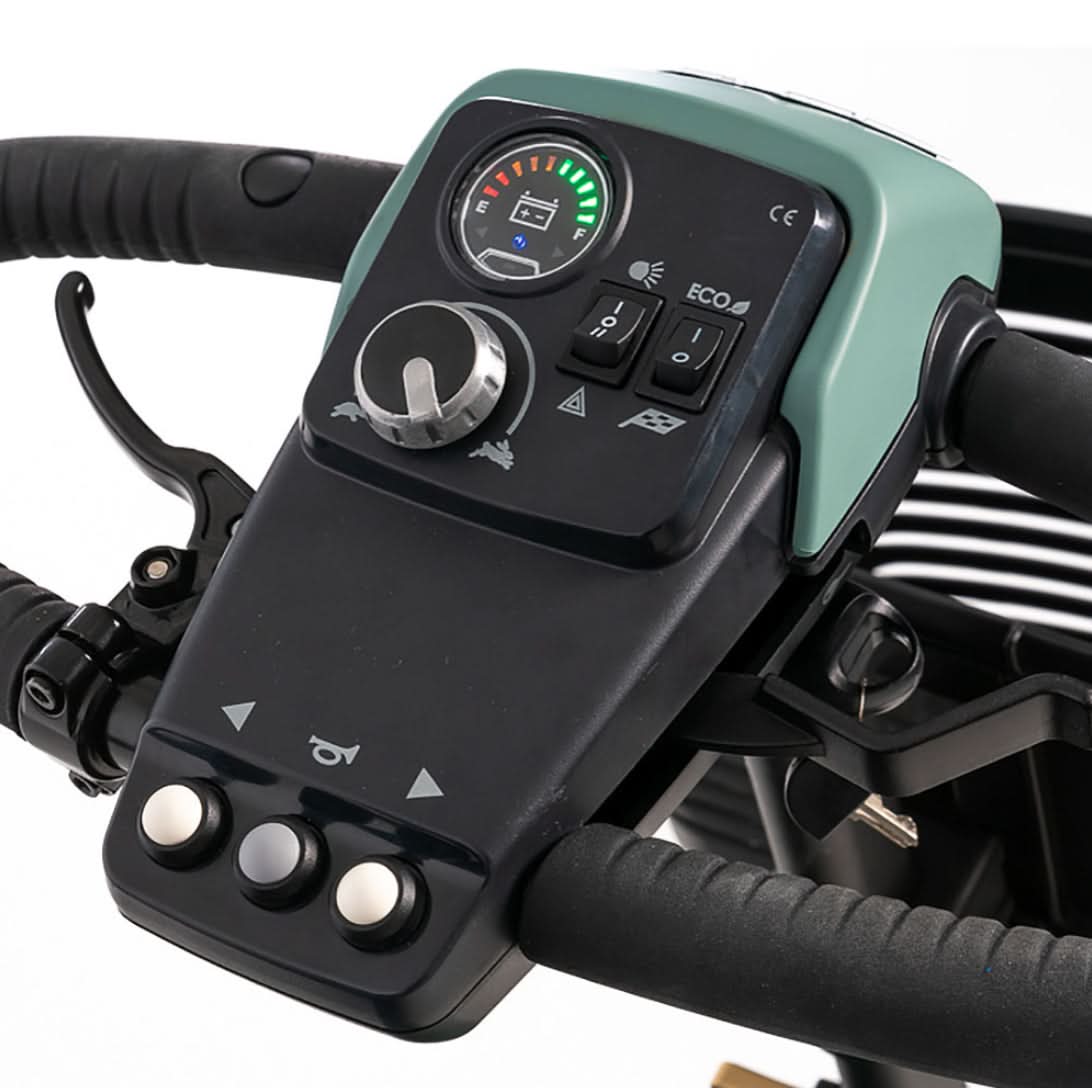 Control panel with horn and turn buttons and display on a scooter handlebar