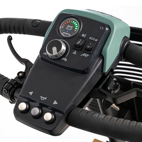Control panel with horn and turn buttons and display on a scooter handlebar