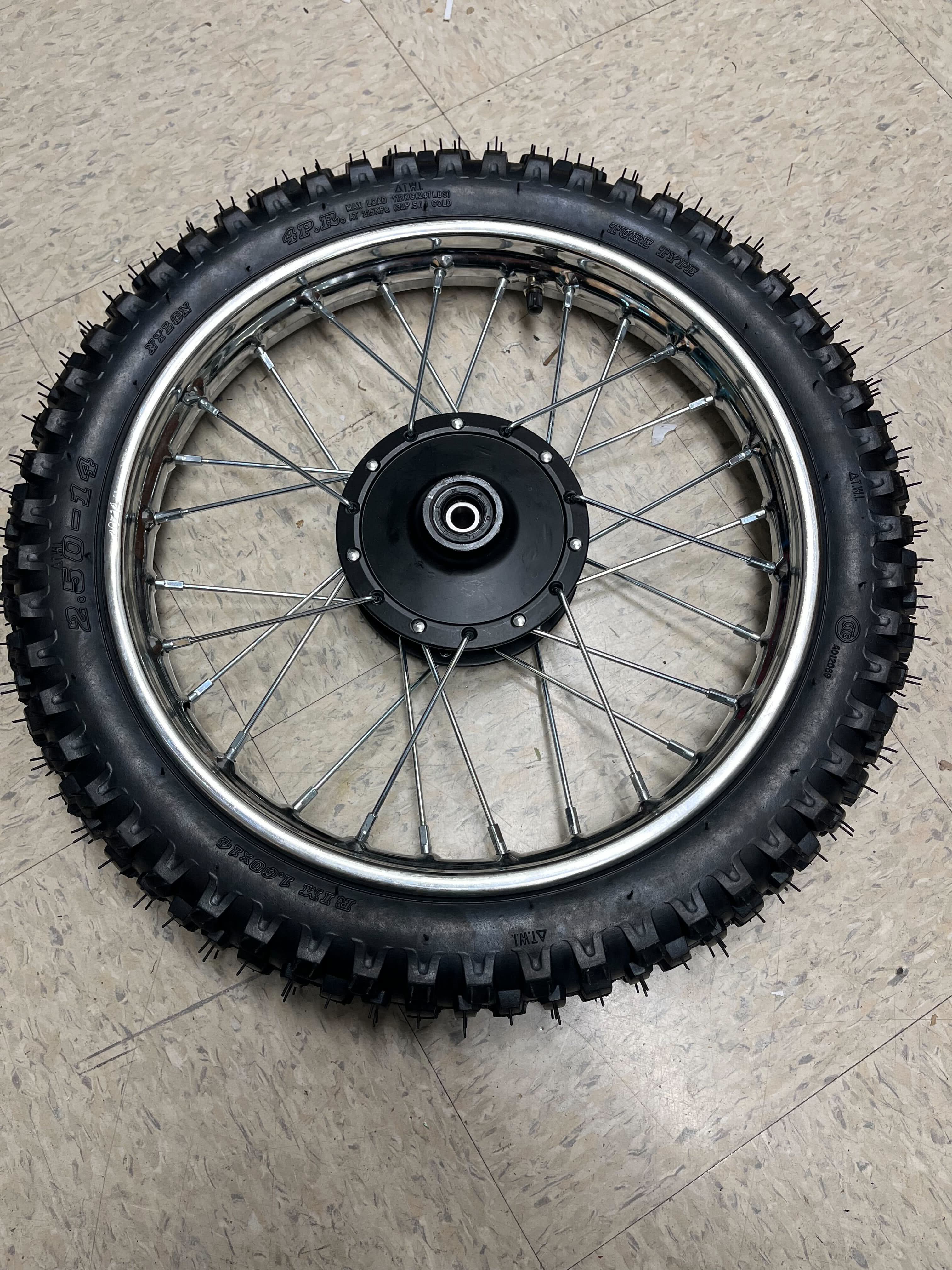 14 (2.50-14) Front Wheel Assembly for Dirt Bikes (Blemished) featuring a black tire with metal spokes and a knobby tread, including the front rim, inner tube, and wheel bearings.