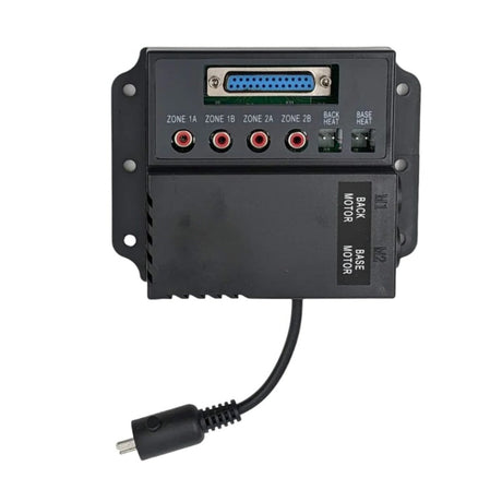 Top view of Pride ELEASMB7219 heat & massage control box showing base and back motor labels, base/back heat ports, massage zone 1A-2B jacks, and 25-pin hand control connector