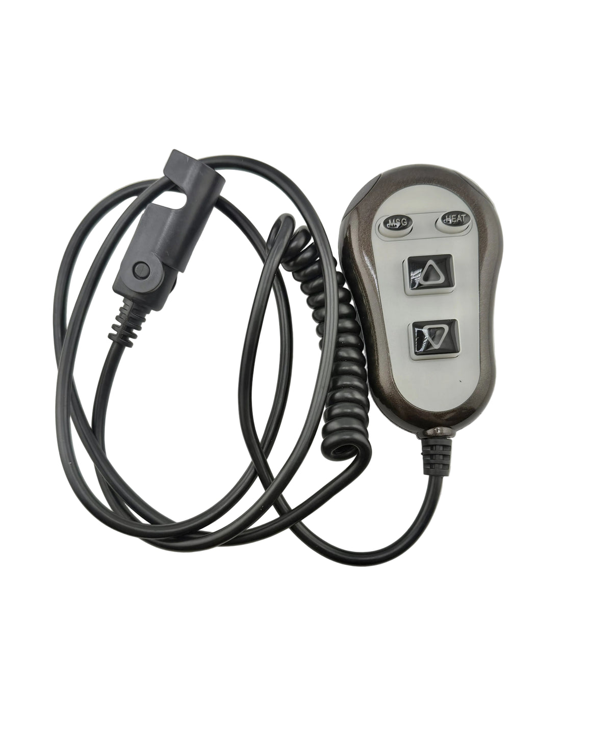 Hand control with heat and massage for the Golden PL340 lift chair, black remote with coiled cord.