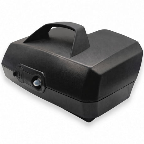 Golden Buzzaround XL (GB121) replacement battery box MBE-121A-BATTPACK, front angle view showing the carry handle and side panel with the circuit breaker reset button and charger port. Box only, no batteries.