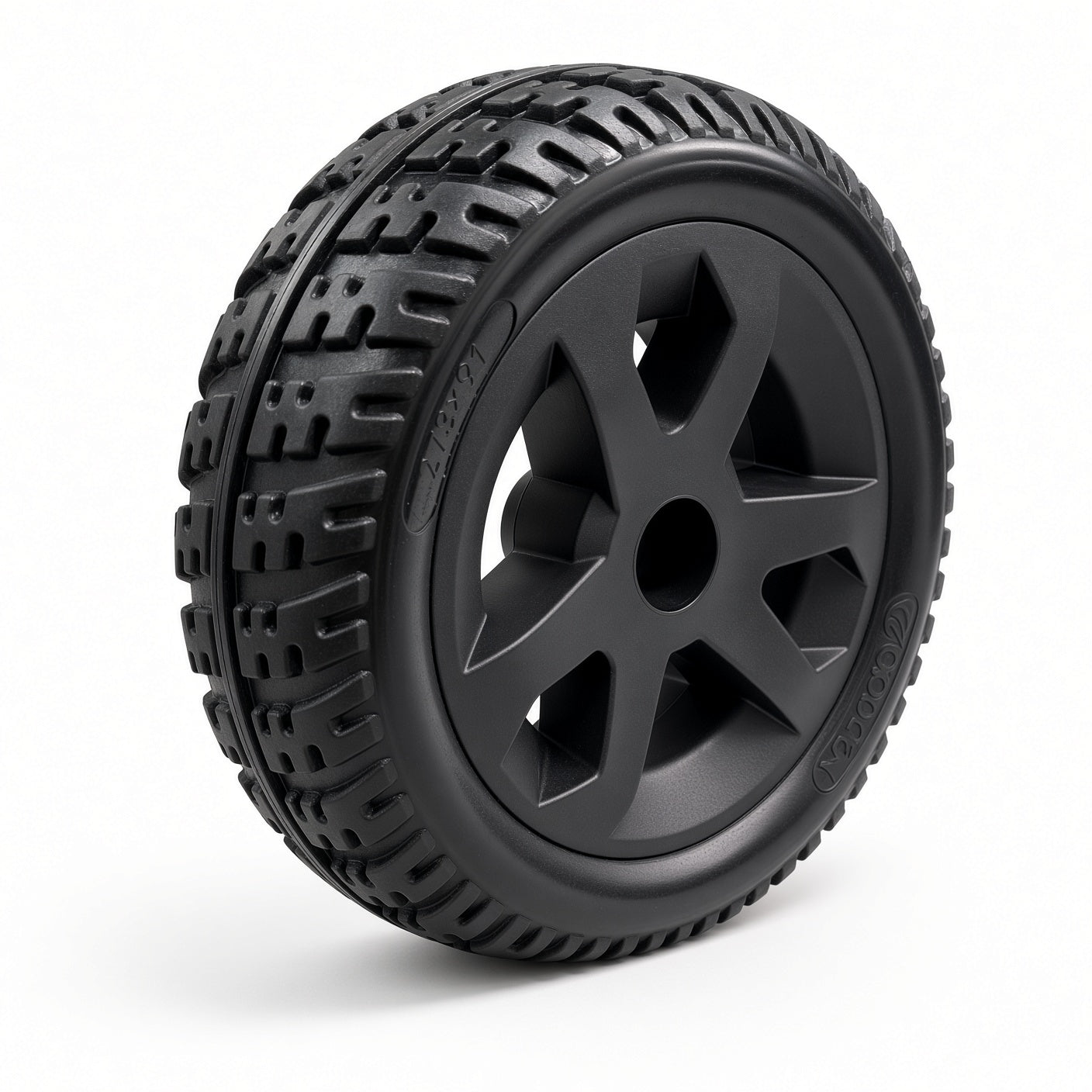 Golden Companion II (GC340B/E & GC440B/E) rear wheel assembly MBW-0023, angled view showing the black tire tread and black rim.