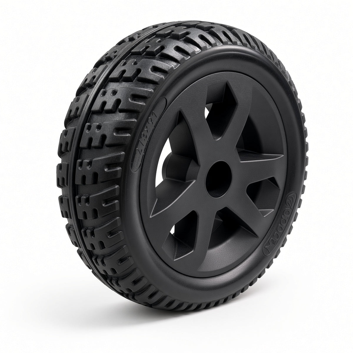 Golden Companion II (GC340B/E & GC440B/E) rear wheel assembly MBW-0023, angled view showing the black tire tread and black rim.