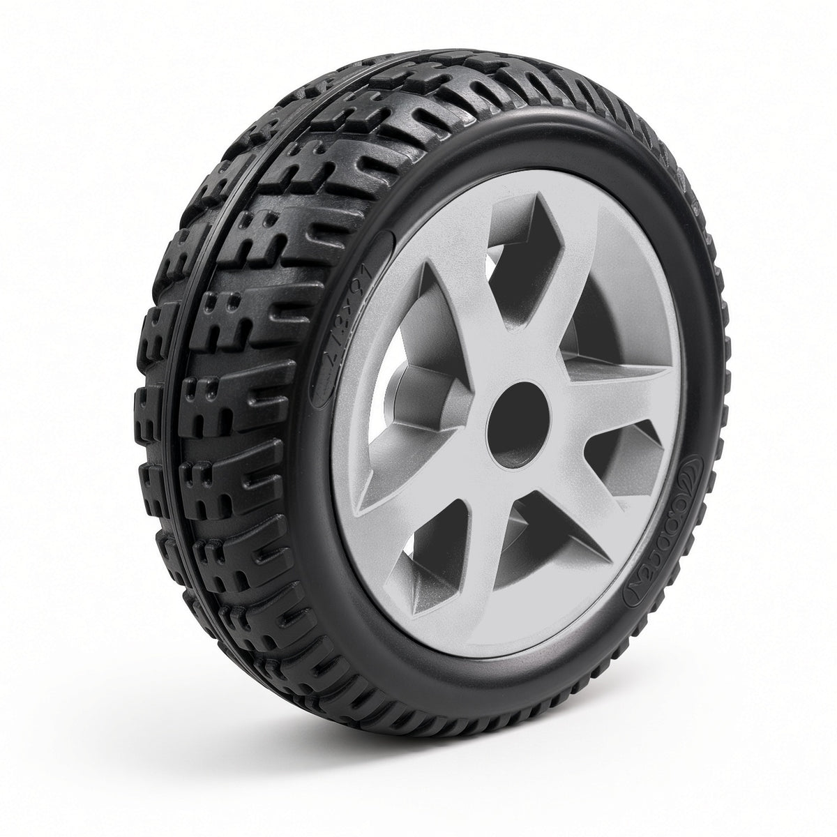 Golden Companion II 4-Wheel (GC440) silver rear wheel assembly MBW-0020, angled view showing the black tire tread and silver rim.