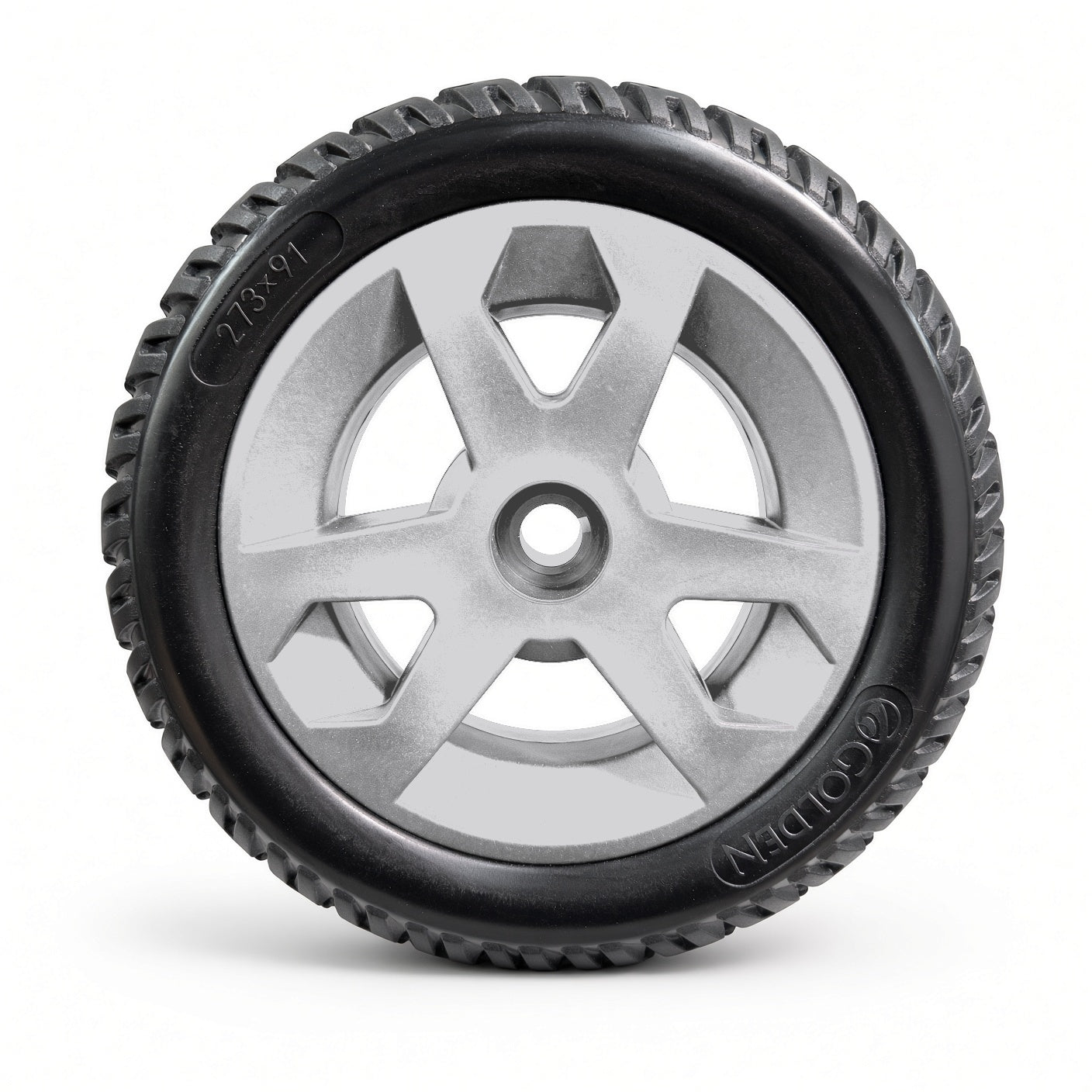 Outer side of the Golden GC440 silver rear wheel assembly MBW-0020, showing the silver rim, center hub, and Golden and 273x91 sidewall markings.