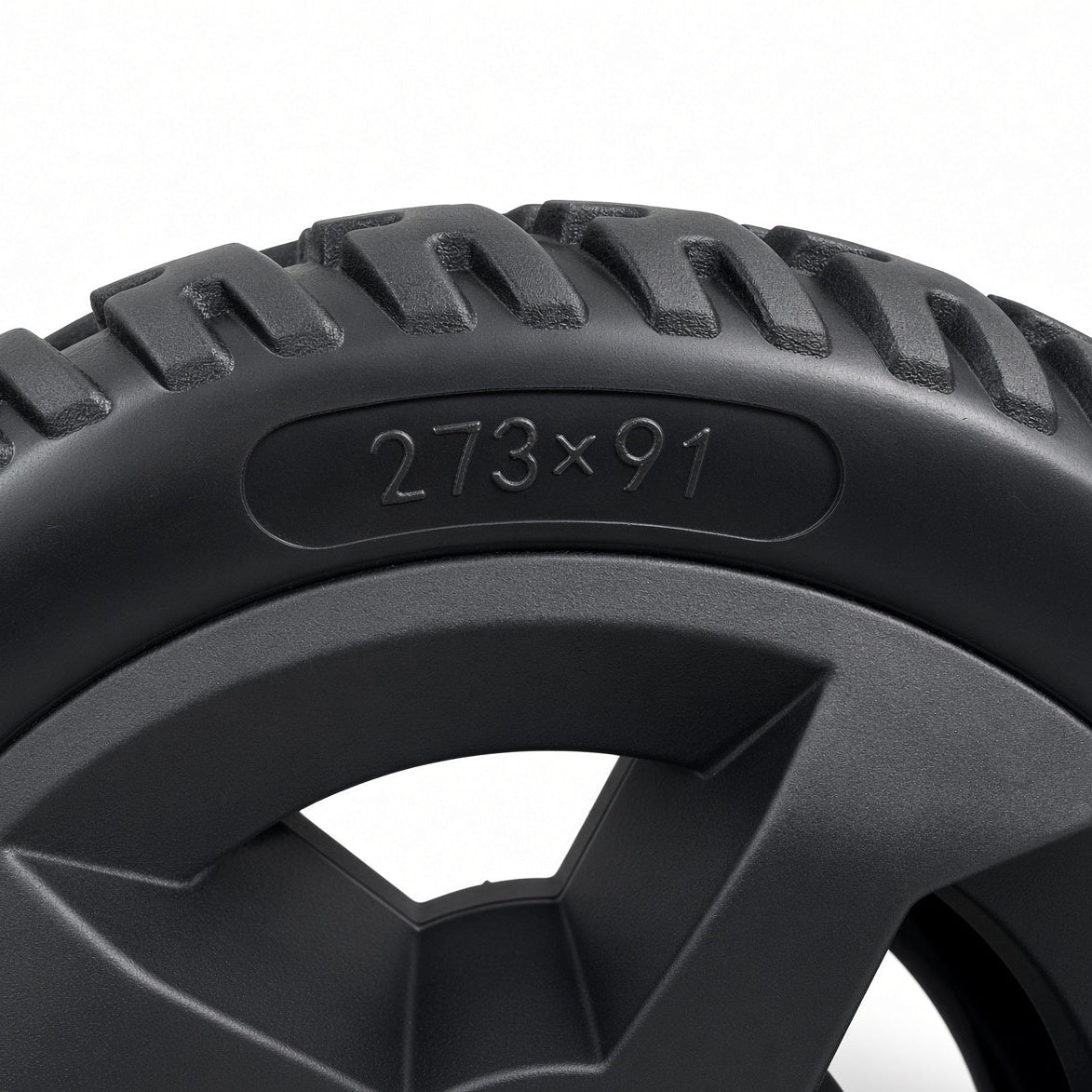 Close-up of the 273x91 tire size marking on the sidewall of the Golden Companion II (GC340B/E & GC440B/E) rear wheel MBW-0023.