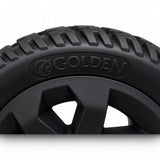 Close-up of the Golden logo molded into the tire sidewall of the Golden Companion II (GC340B/E & GC440B/E) rear wheel MBW-0023, with tread detail.