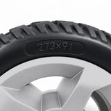 Close-up of the 273x91 tire size marking on the sidewall of the Golden Companion II GC440 silver rear wheel MBW-0020.