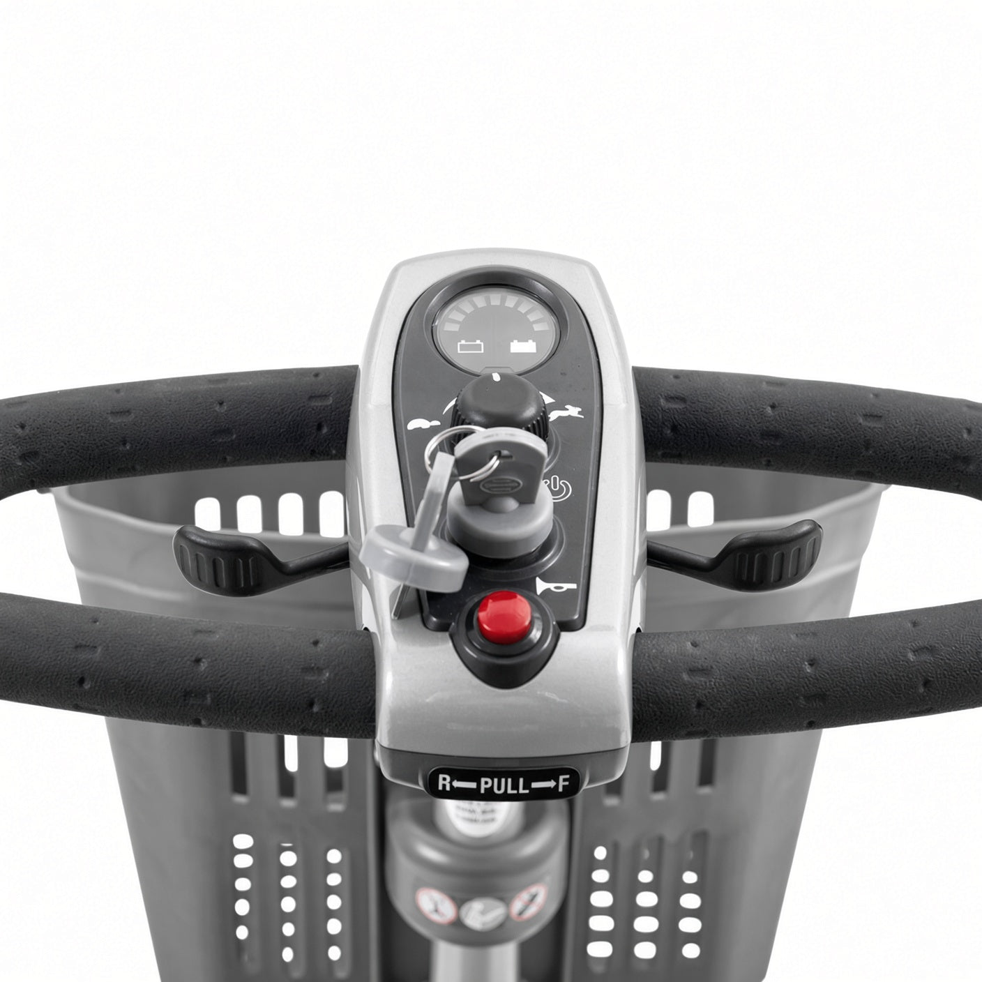 MBM-C40-RHB Close-up of a Golden scooter horn button control console with a front basket, shown on a clean white background.