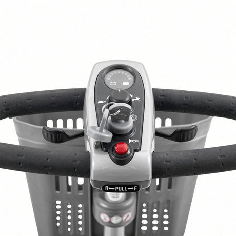 MBM-C40-RHB Close-up of a Golden scooter horn button control console with a front basket, shown on a clean white background.