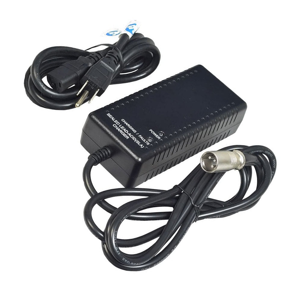 A black DC power adapter with a coiled black cable, featuring a barrel connector on one end and a plug on the other, shown on a plain white background.