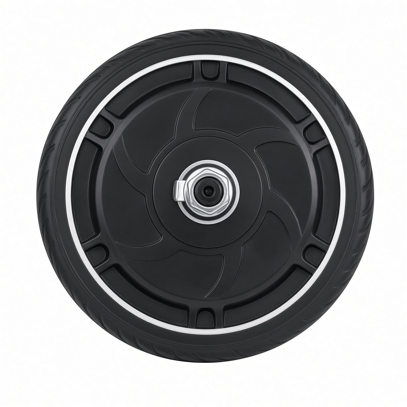 Straight-on view of Pride iRide (S25) front hub motor wheel MOT1902950 showing axle nut and tire