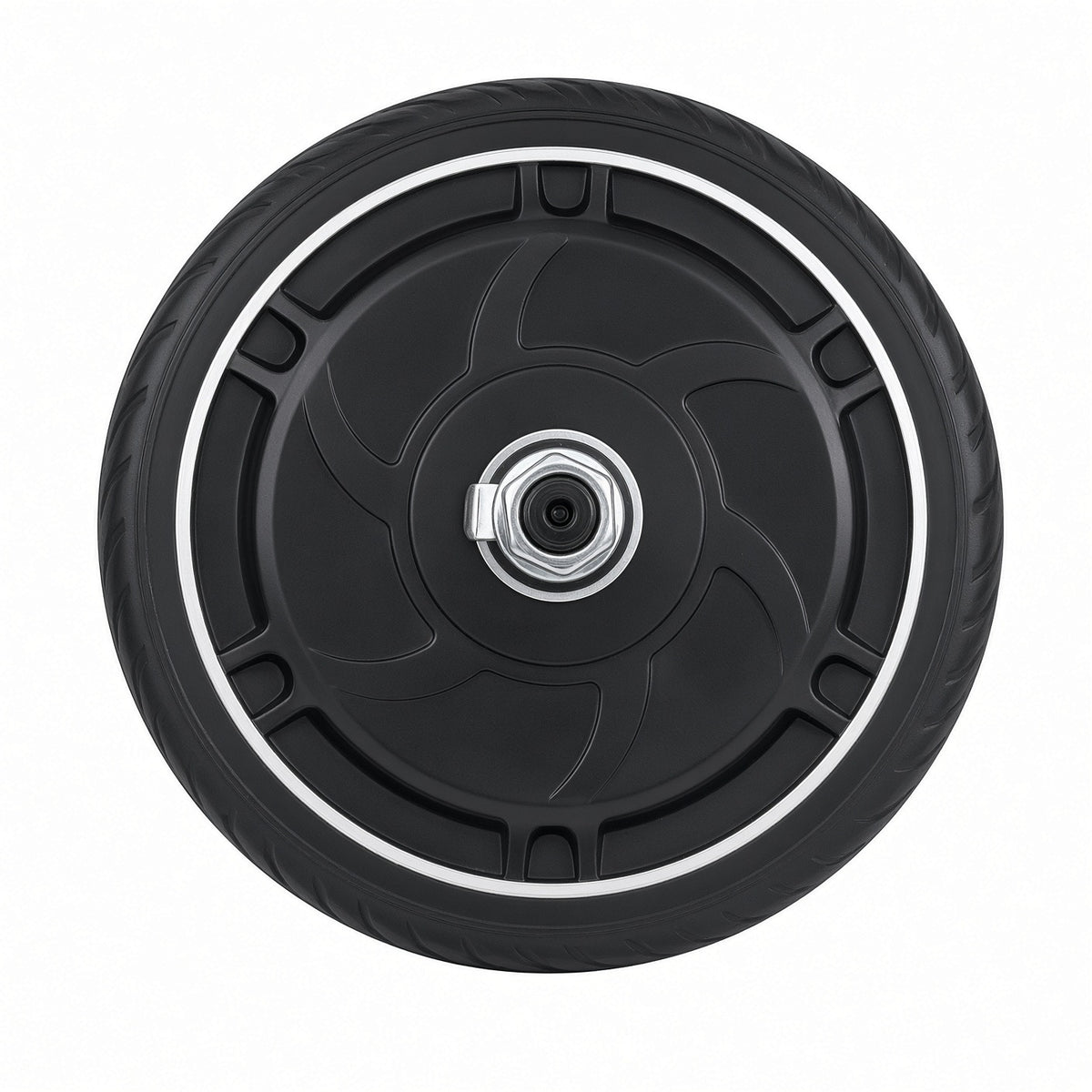 Straight-on view of Pride iRide (S25) front hub motor wheel MOT1902950 showing axle nut and tire