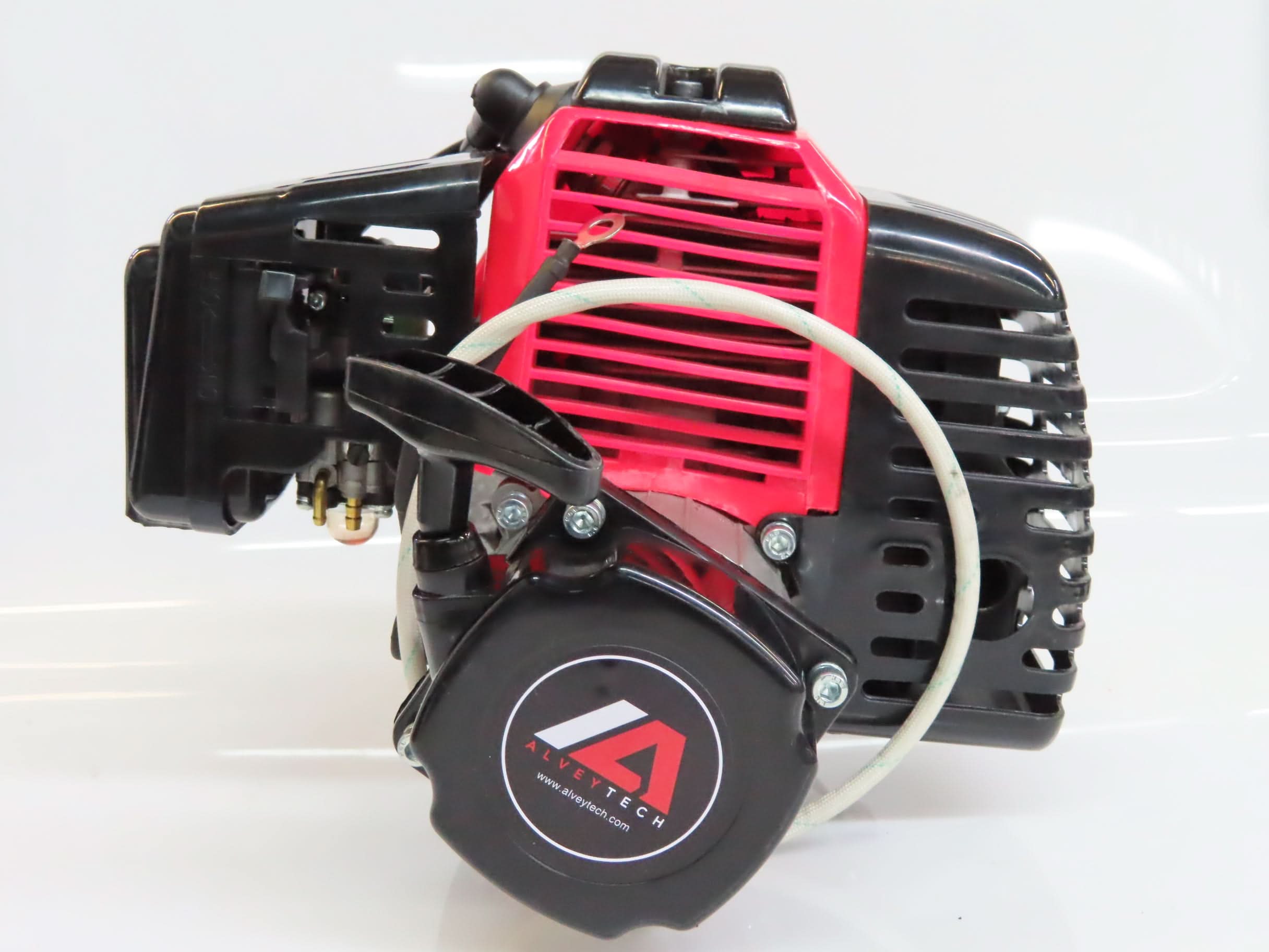 49cc/52cc Scooter Engine with Electric Start (Blemished) featuring a red and black design, visible gear reduction transmission, muffler, air filter, pull start, electric starter, clutch pad assembly, and carburetor.
