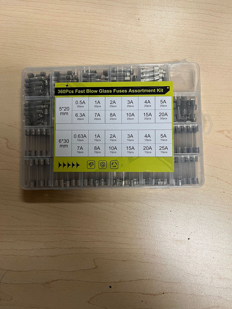 360 Piece AGC & GMA Glass Fuse Assortment Kit with 0.5A, 0.63A, 1A, 2A, 3A, 4A, 5A, 6.3A, 7A, 8A, 10A, 15A, 20A, and 25A breaking capacities (Missing Fuses)