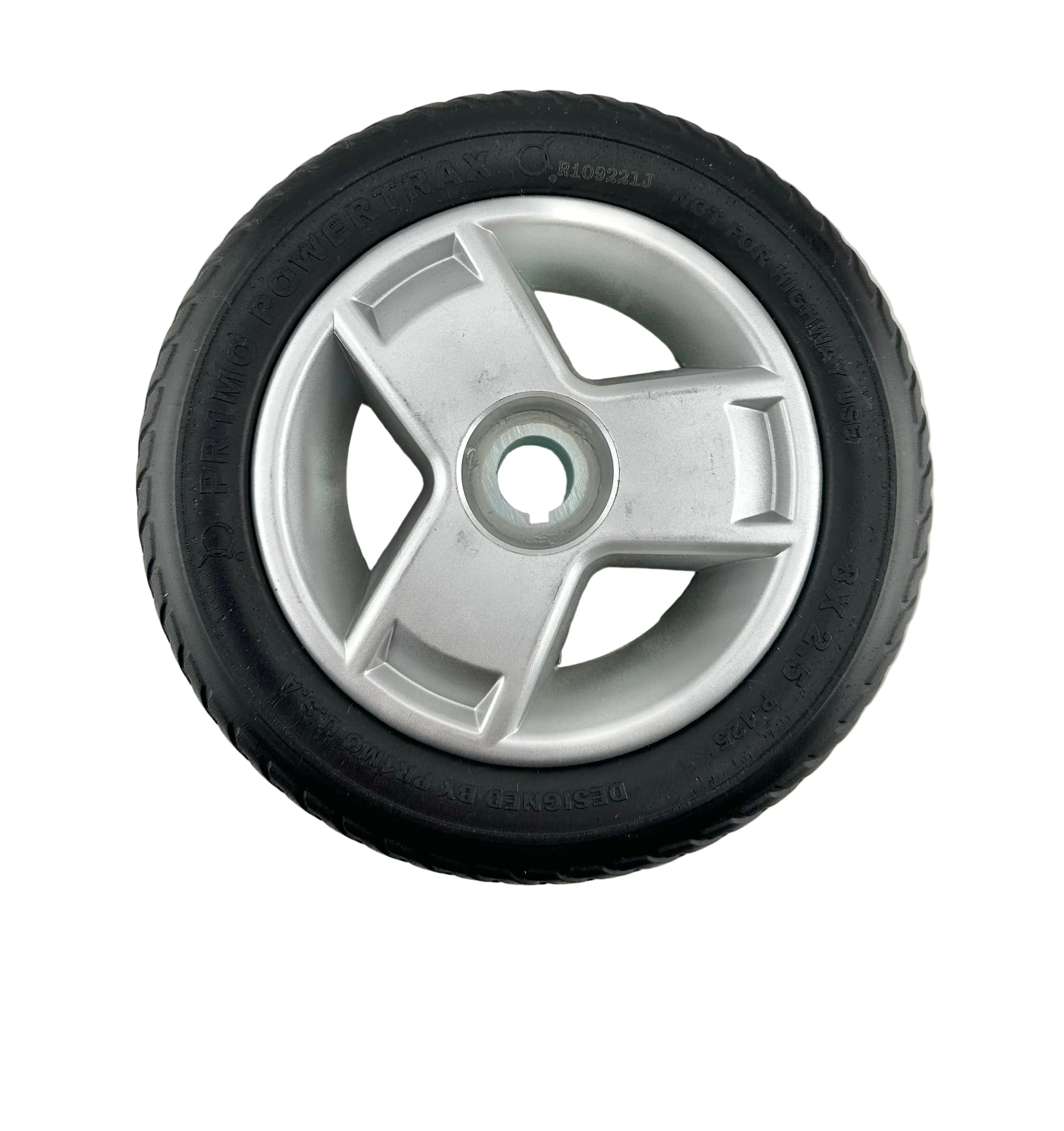 8"x2" (200x50) Black Flat-Free Front Wheel Assembly with Silver Tri-Spoke Rim for 4-Wheel Go-Go Mobility Scooters (Blemished)