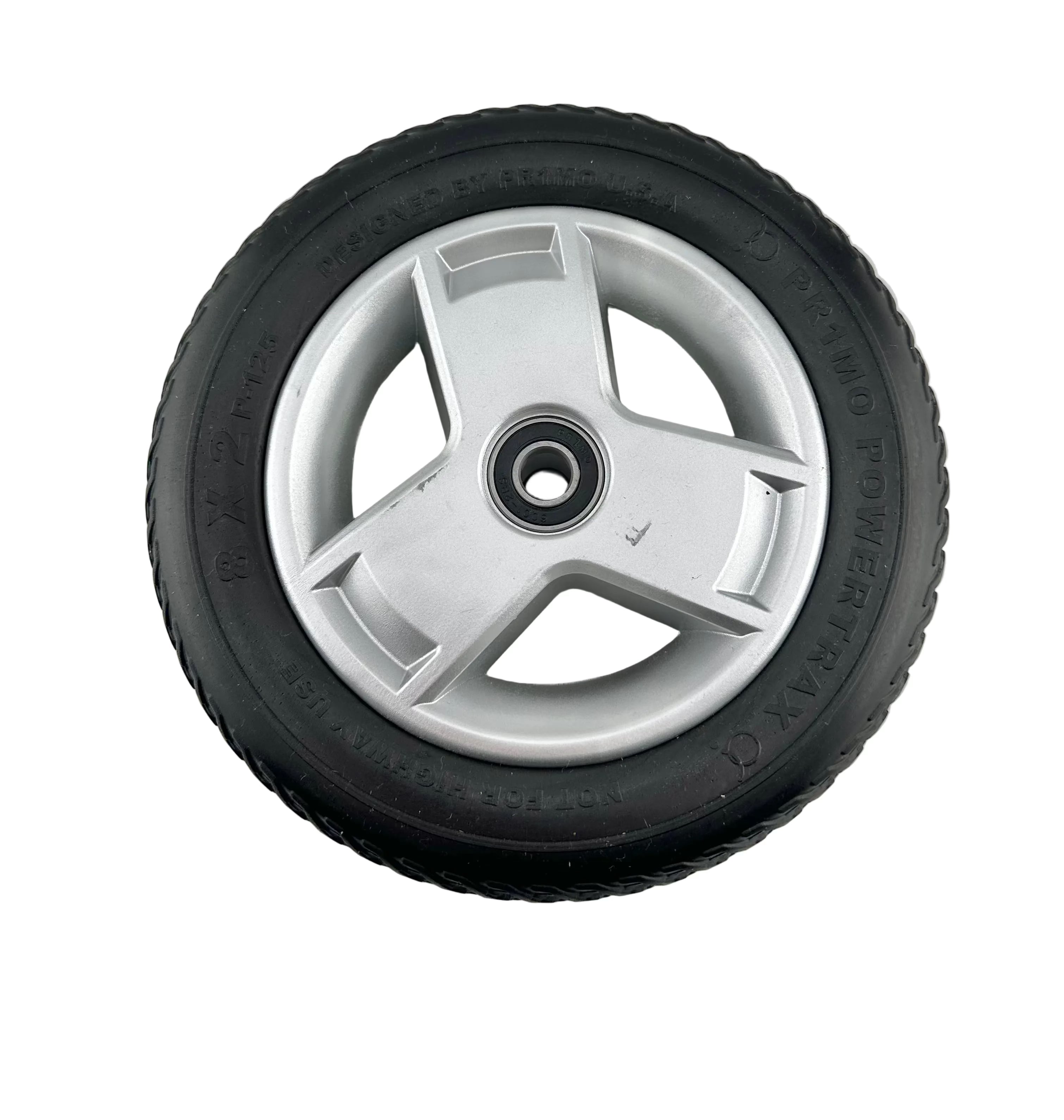 8"x2" (200x50) Black Flat-Free Front Wheel Assembly with Silver Tri-Spoke Rim for 4-Wheel Go-Go Mobility Scooters (Blemished)