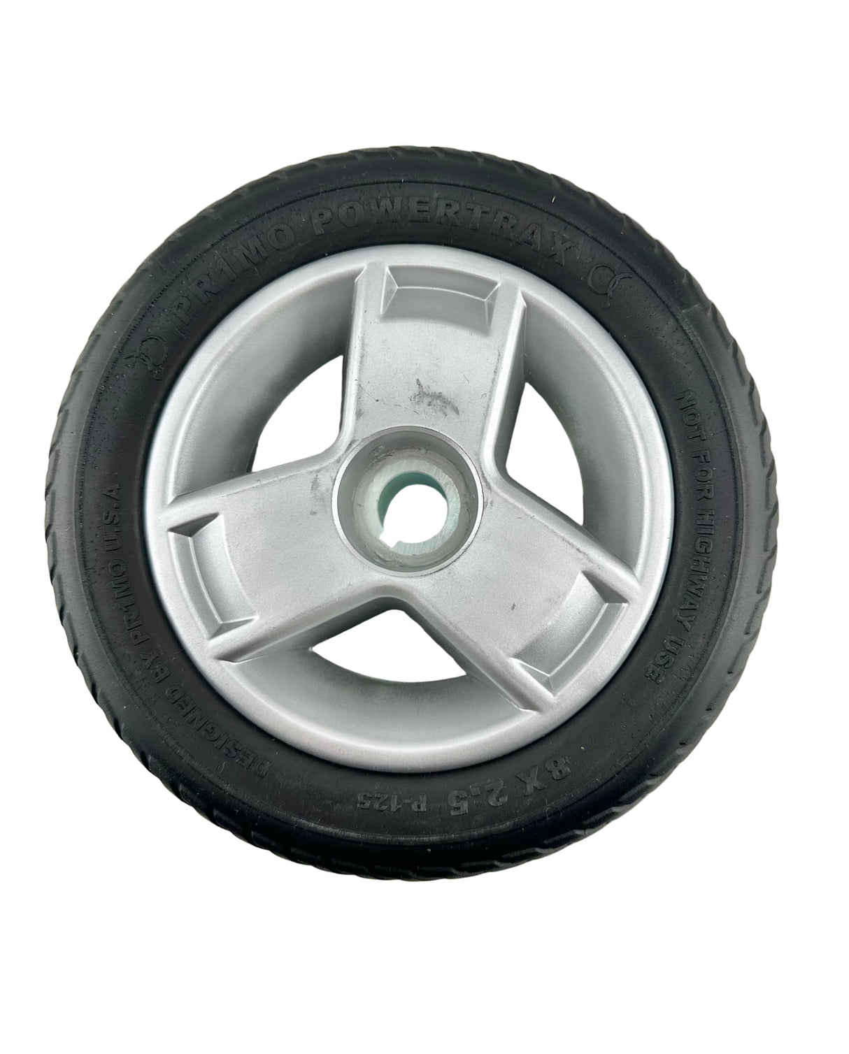 8"x2" (200x50) Black Flat-Free Front Wheel Assembly with Silver Tri-Spoke Rim for 4-Wheel Go-Go Mobility Scooters (Blemished)