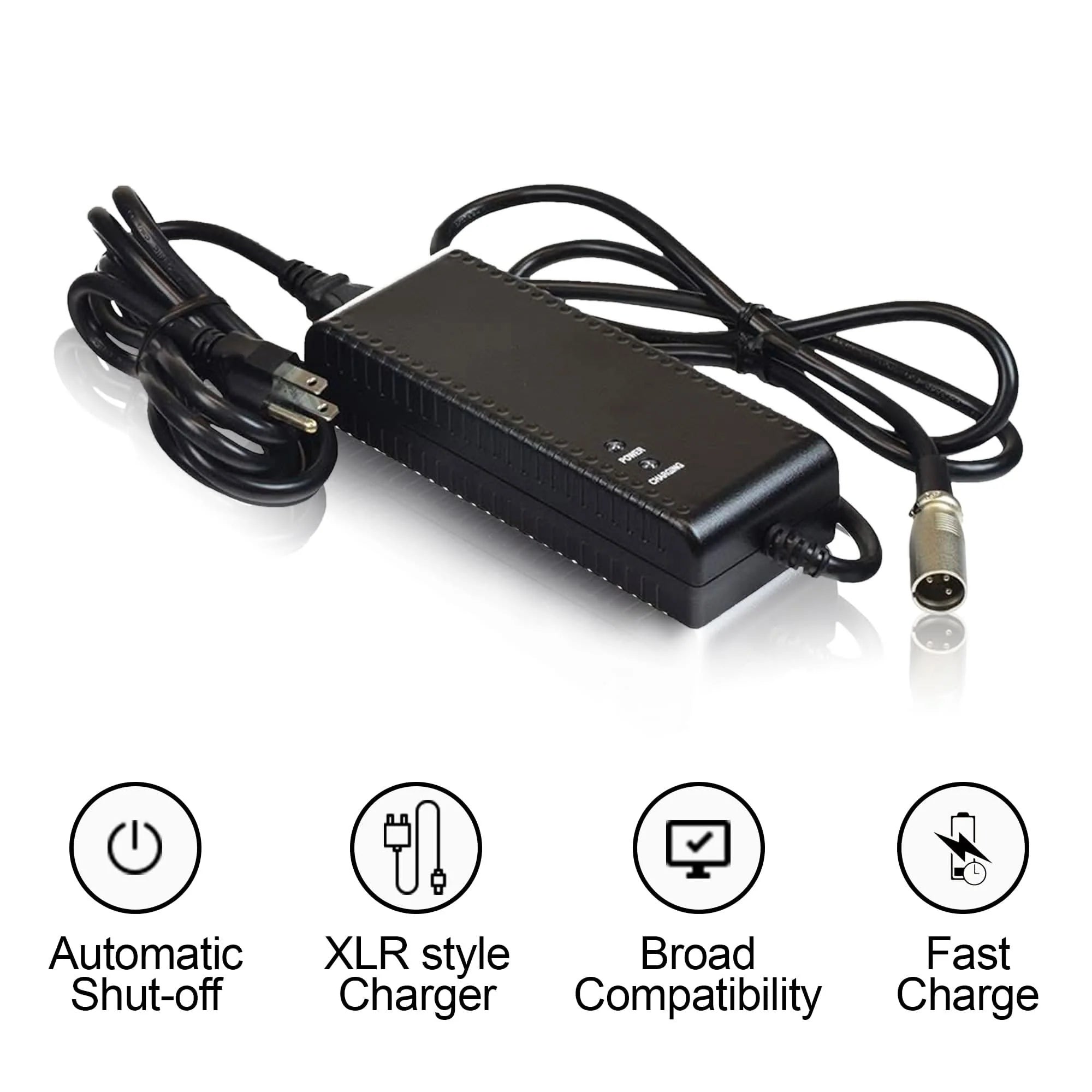 Specification and fitment information for the MBE-CHG35A-STD 24 Volt 3.5 Amp XLR battery charger for Golden Companion, LiteRider Envy, Alante Jr. and Compass Sport.