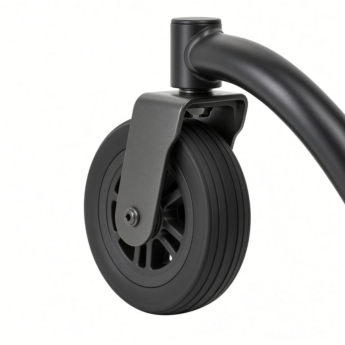 Jazze EVO 61 close-up of a black caster wheel with a mounting bracket attached to a curved black metal frame, shown on a plain white background.