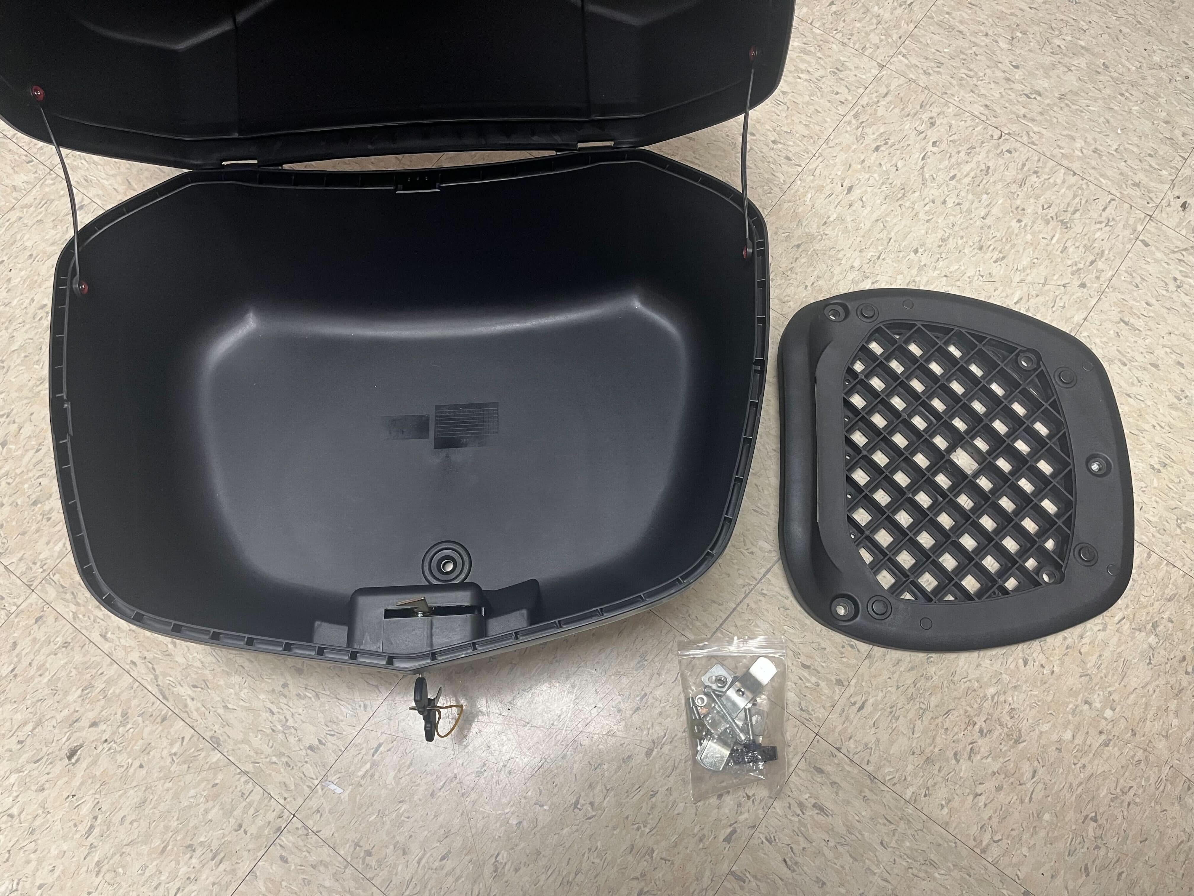 Deluxe Top Case Scooter Trunk (X-Large) (Blemished) shown with a plastic lid and included hardware bag, suitable for mounting on a scooter's rear rack.