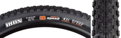 Close-up of the 27.5x2.35 Ikon EXO/TR Bicycle Tire showcasing its high-volume casing and fast-rolling tread design, ideal for diverse riding conditions and featuring EXO sidewall protection.