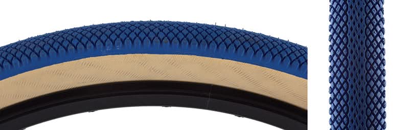 Close-up of the 29x2.1 Blue SE Speedster Bicycle Tire, showcasing the honeycomb center tread with densely packed, siped small knobs extending to the shoulder on a round profile.