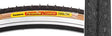 Close-up of a 700x23 Black/Tan Pasela Bicycle Tire, showcasing the hybrid commuter tread with a raised center for low rolling resistance, emphasizing the tire's detailed texture and design.