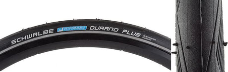 Close-up of the 700x28 Reflective Durano Plus Perf Twin SG Wire Bicycle Tire, showcasing its durable black tread with white text, designed for puncture protection and sidewall reinforcement.