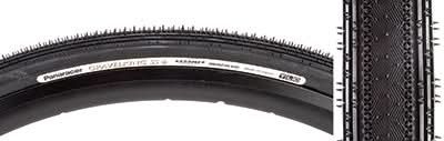 Close-up of the 700x35 Black/Black Gravel King SS+ Bicycle Tire, highlighting its fast-rolling file tread center with micro knobs and durable puncture-resistant ProTite Shield belting for mixed gravel and road use.