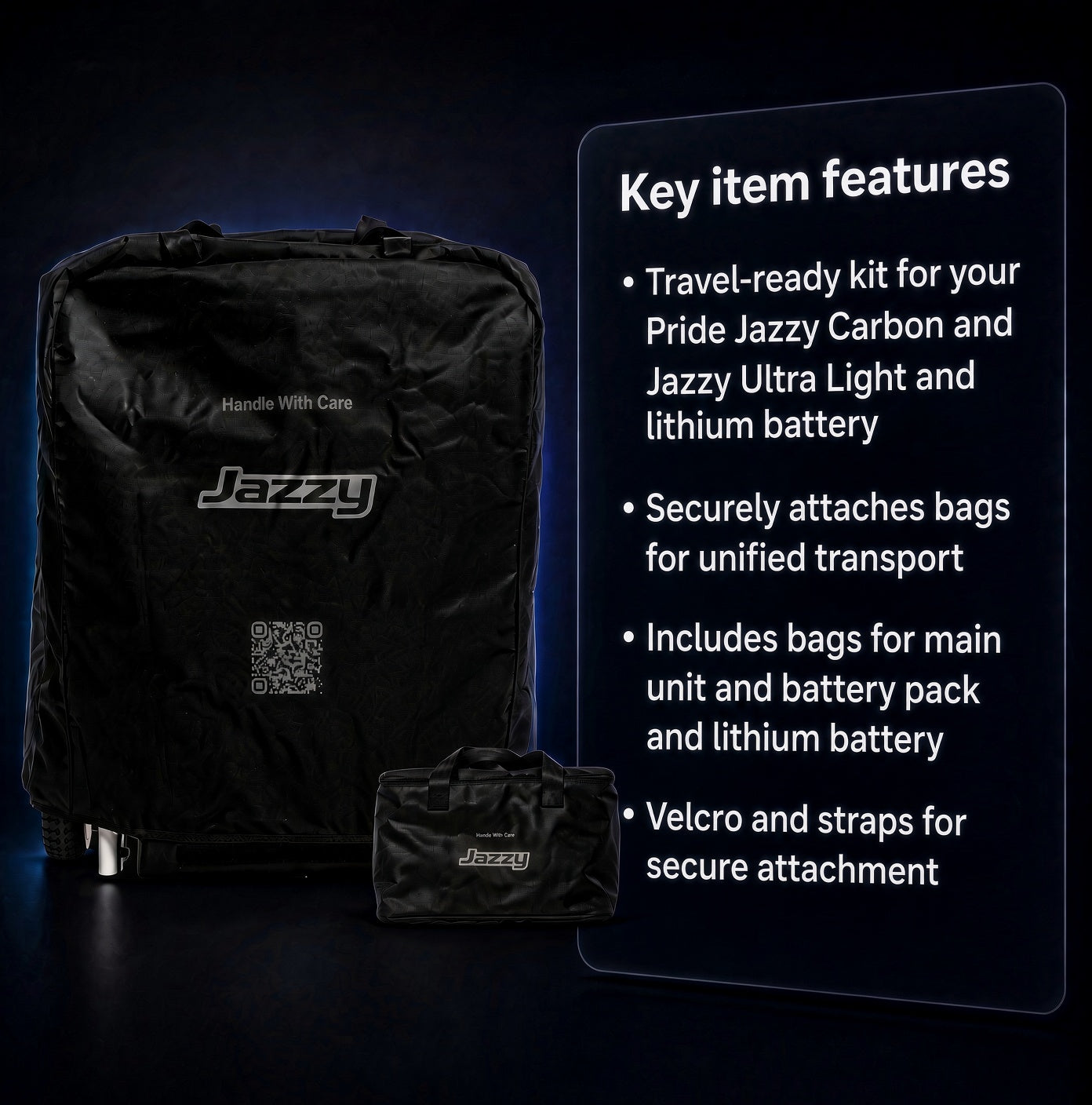 Black Jazzy branded travel bag kit shown on a dark studio background, with a large upright bag, a smaller zippered pouch, and a text panel listing key item features.